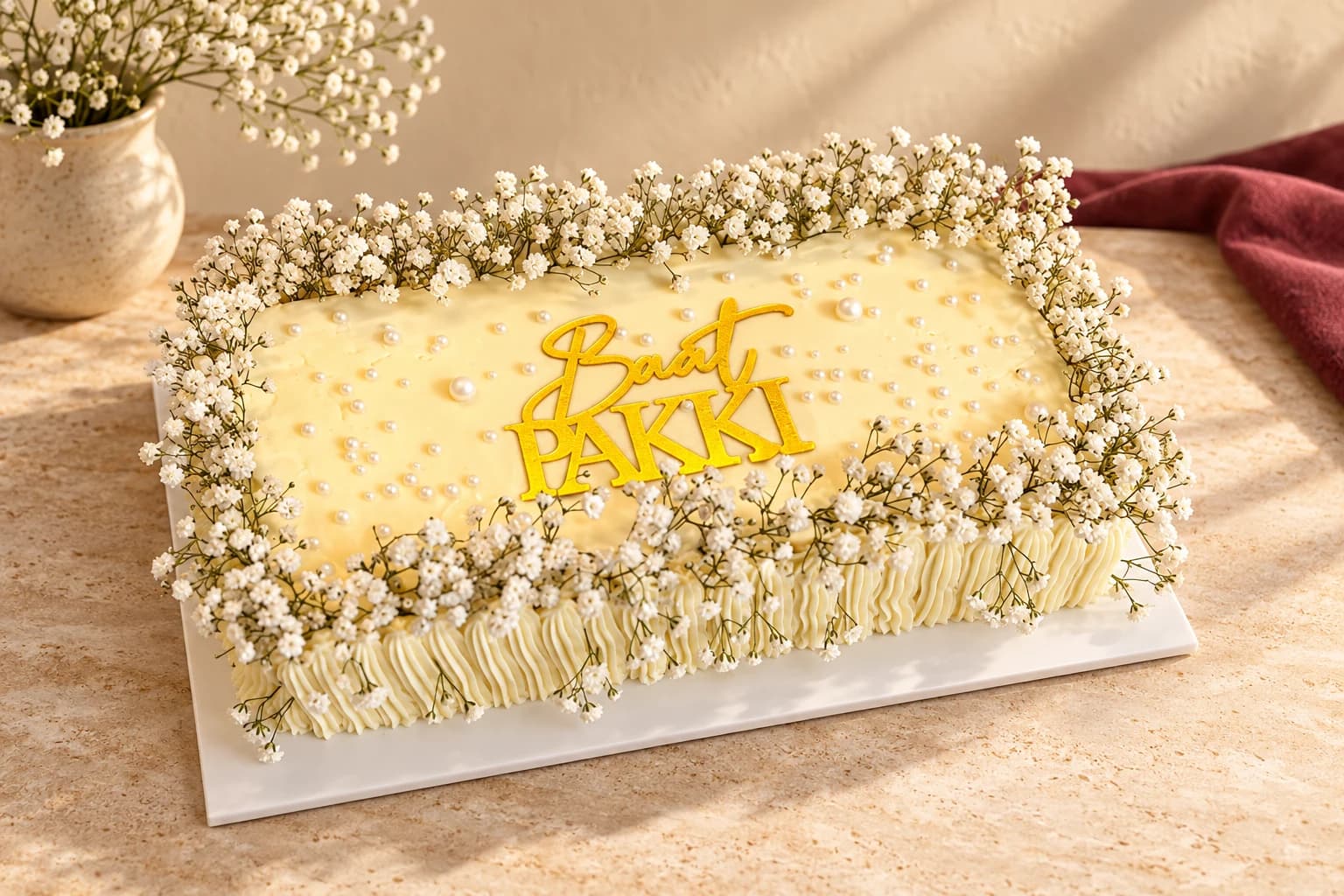 Rectangular ivory baat pakki cake edged with white flowers and pearl decorations