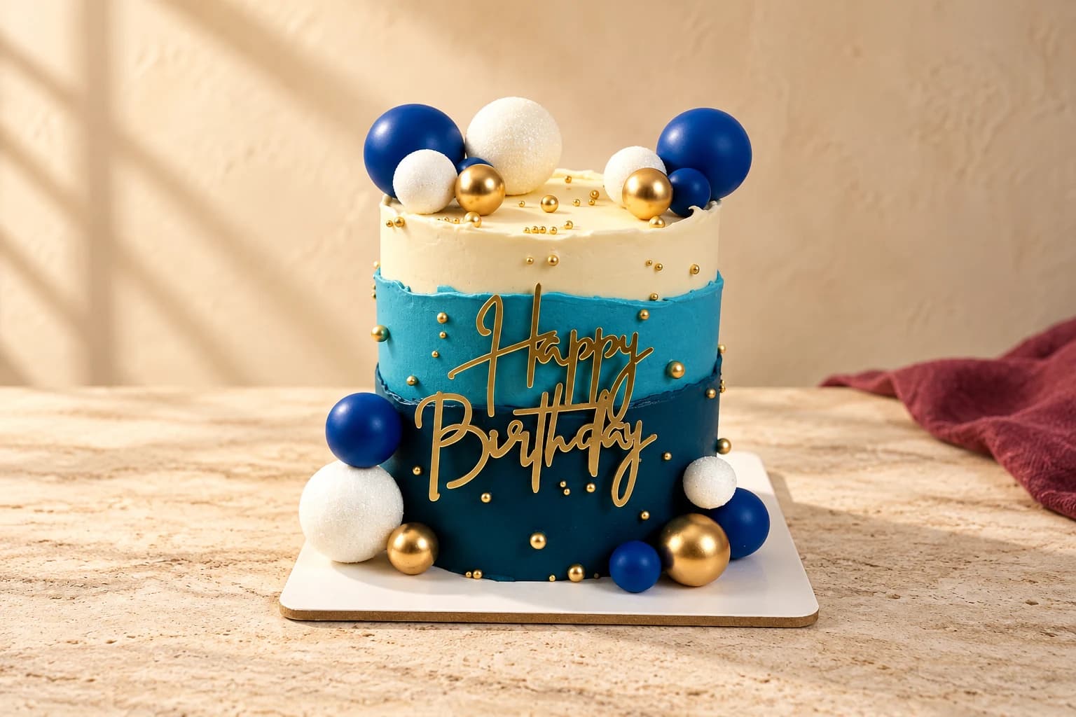 Blue and ivory birthday cake with blue, white and gold decorative spheres