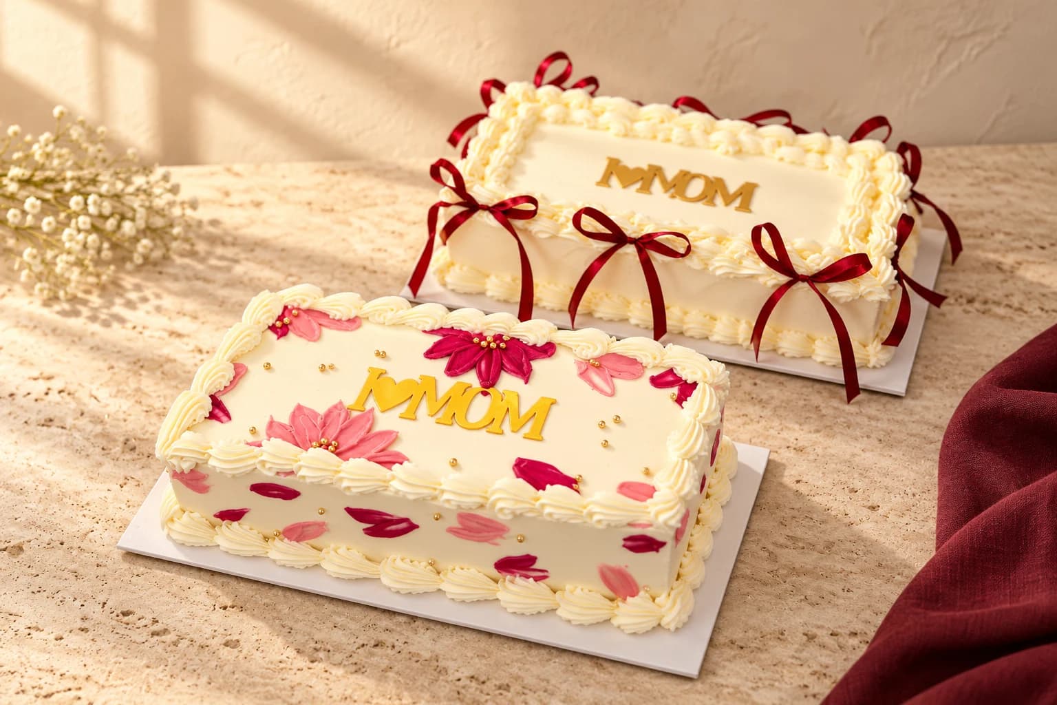 Two rectangular cream cakes for Mom with pink flowers and burgundy ribbon bows