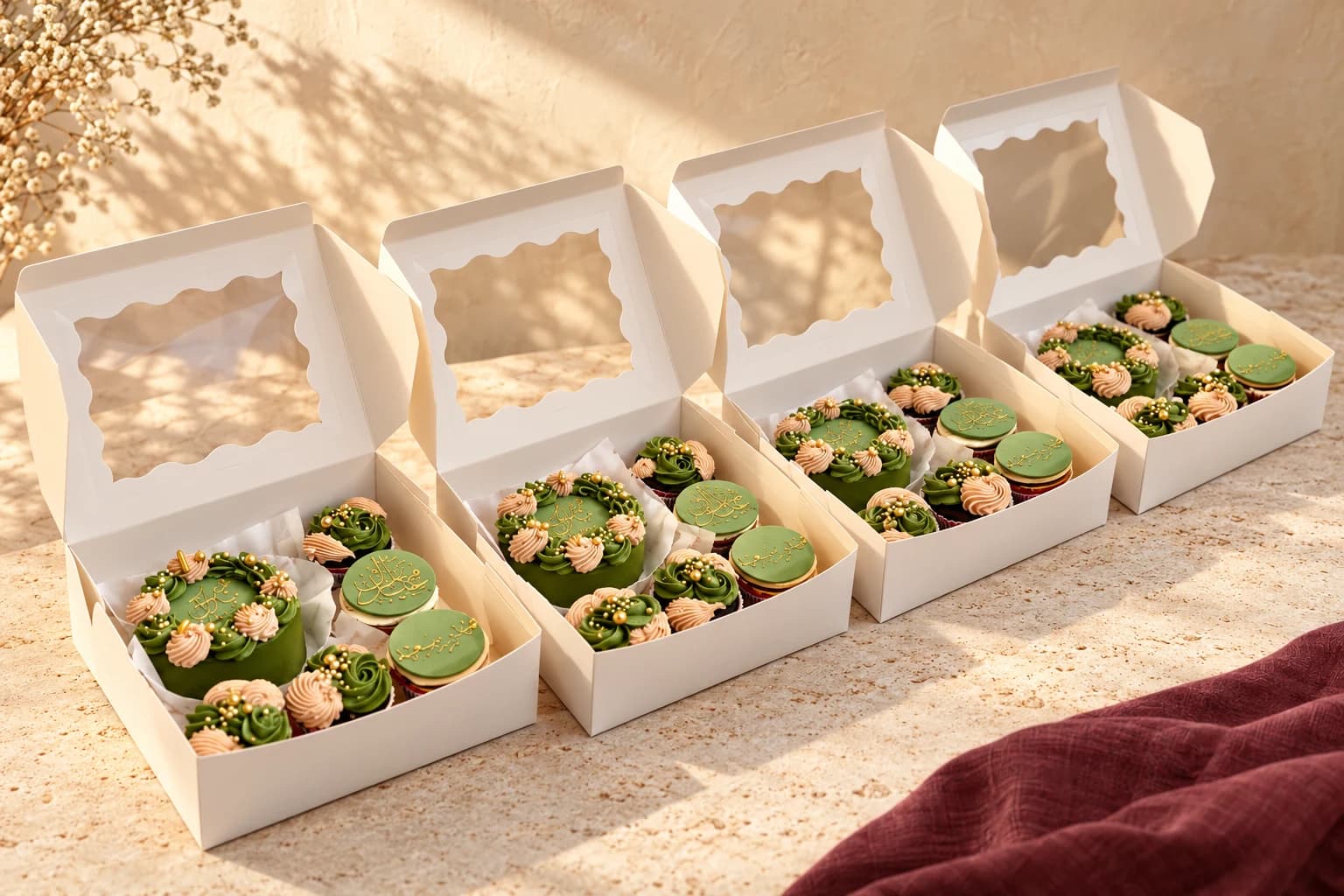 Open white gift boxes containing green mini cakes and matching blush and green cupcakes