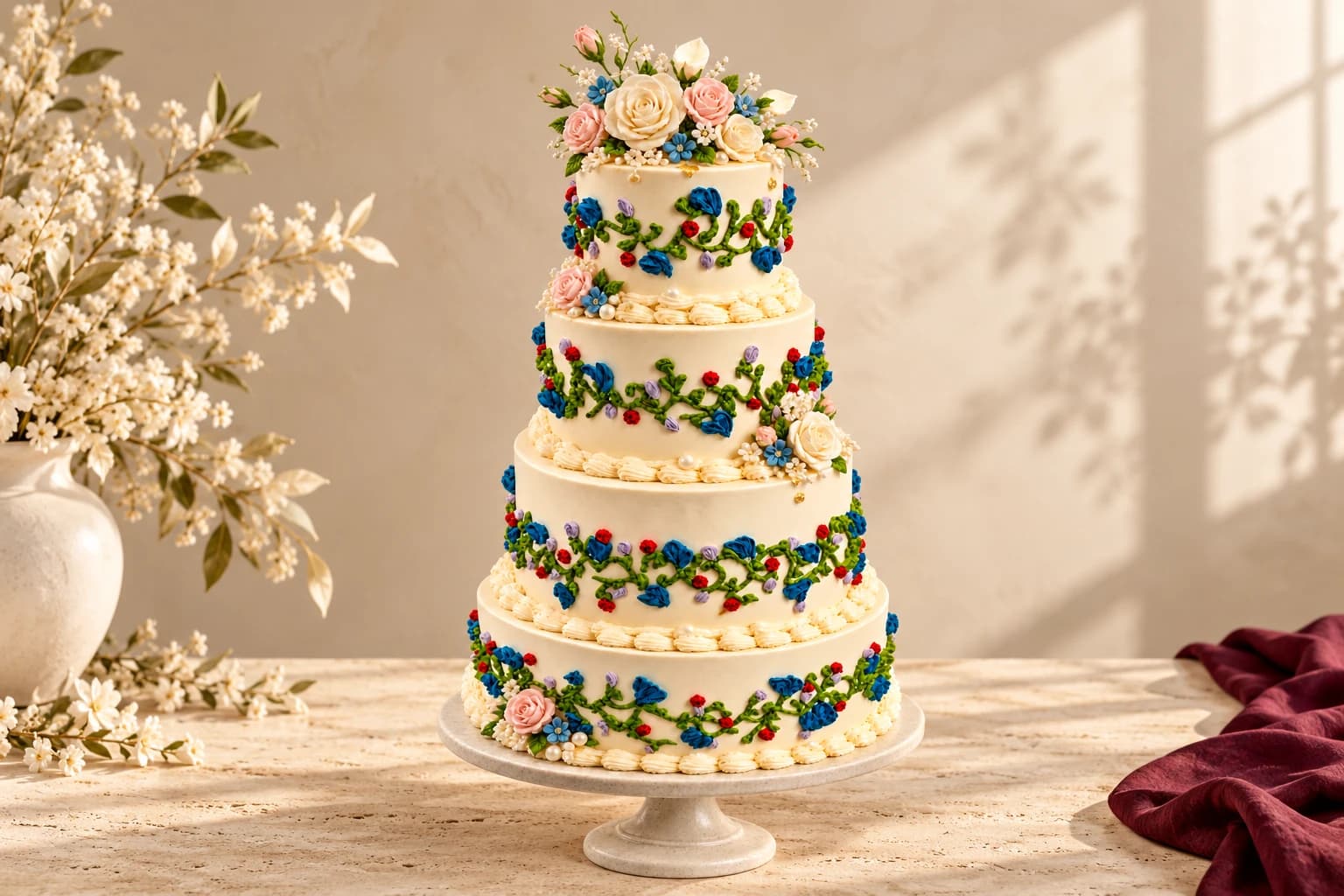 Four-tier ivory cake with a blush rose crown, blue floral vines and pearls on a limestone stand