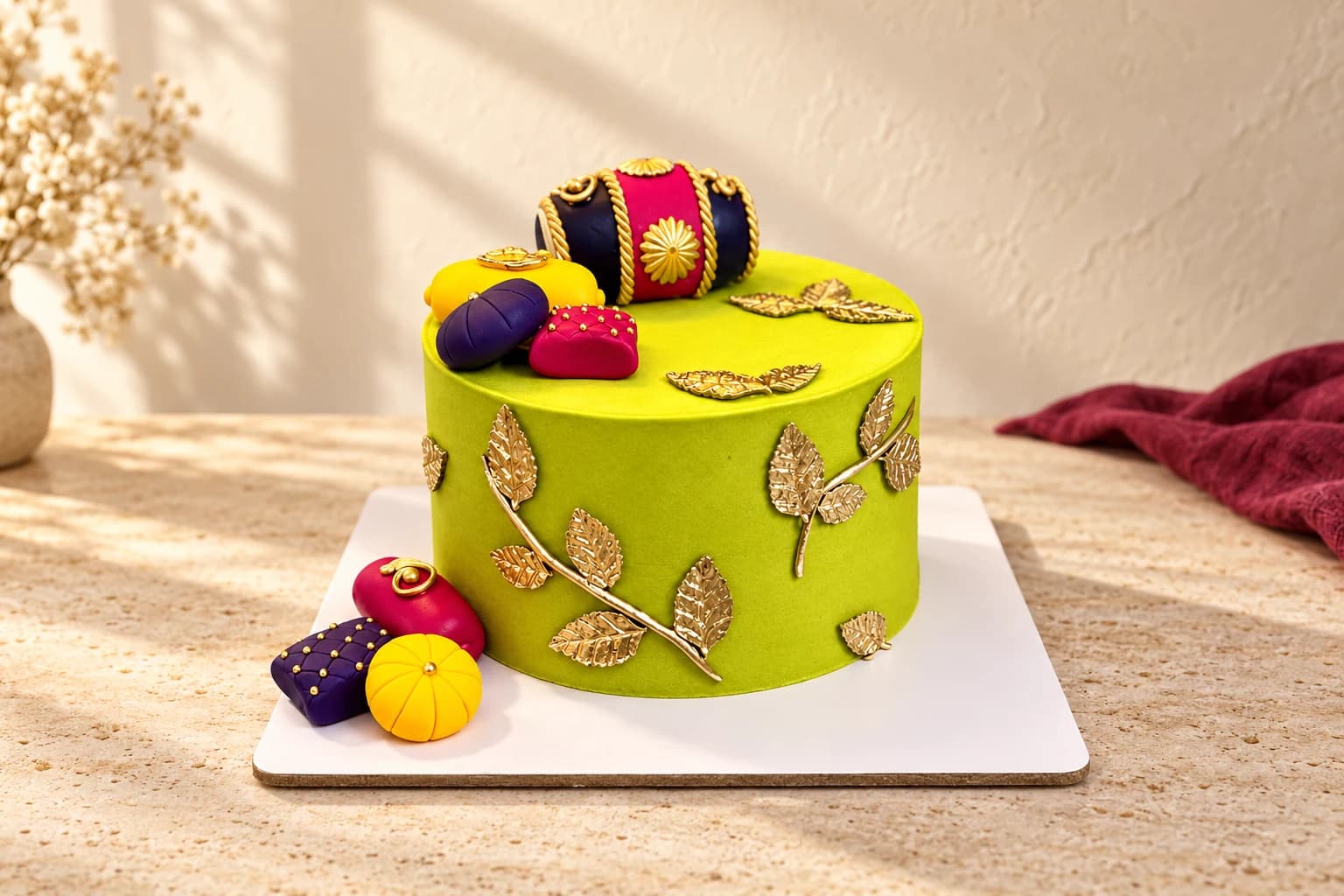 Lime green mehndi cake with a miniature dhol, colourful cushions and gold leaves