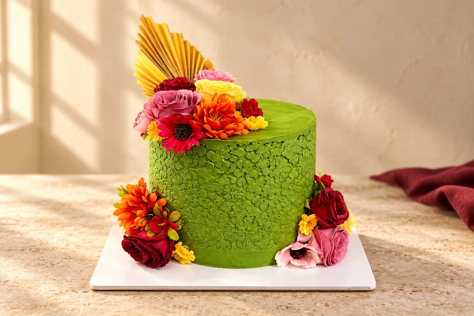 Green textured mehndi cake with pink, yellow and orange flowers and a gold fan