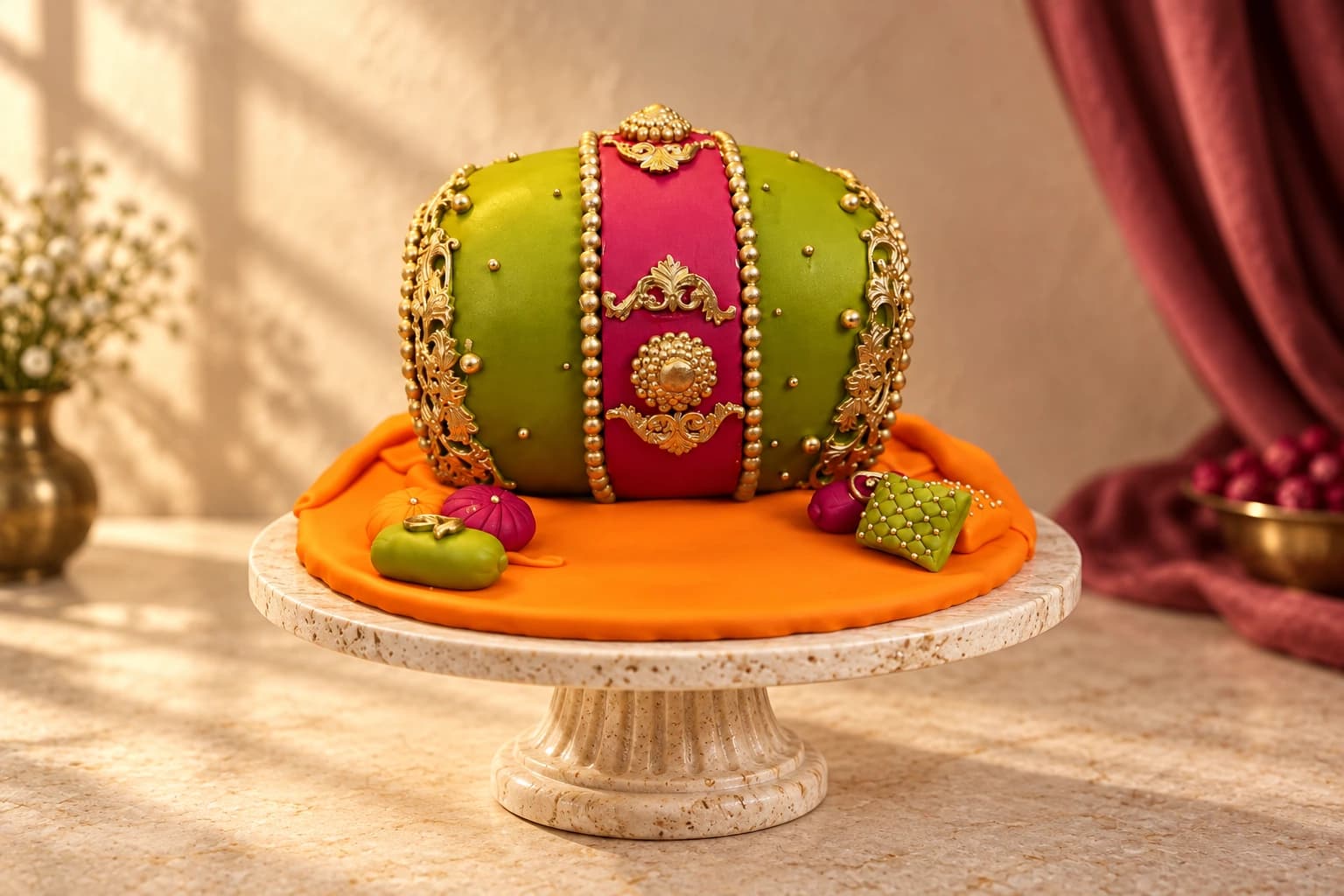 Green and magenta dhol cake with gold ornaments and miniature cushions on a travertine stand