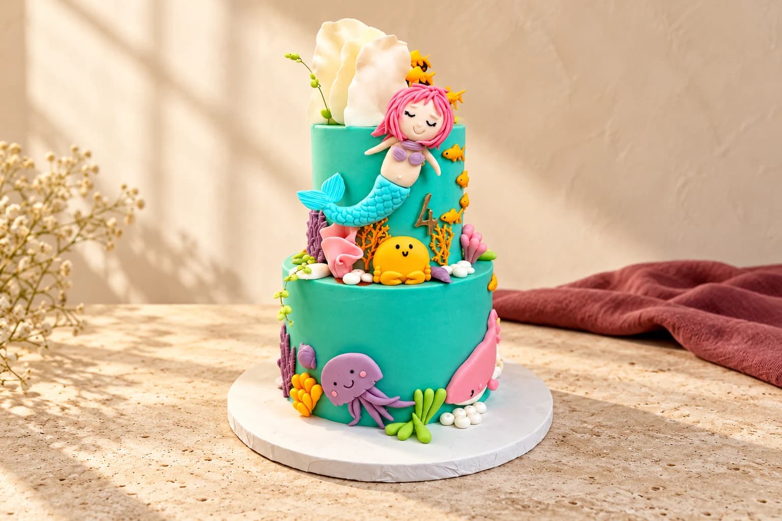 Two-tier turquoise mermaid birthday cake with fondant sea creatures and shells