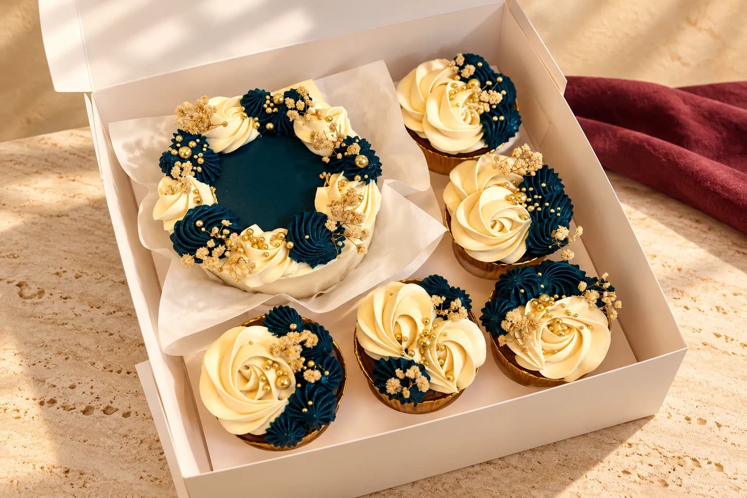 Bento cake and five matching ivory and navy cupcakes with gold pearls in a white gift box