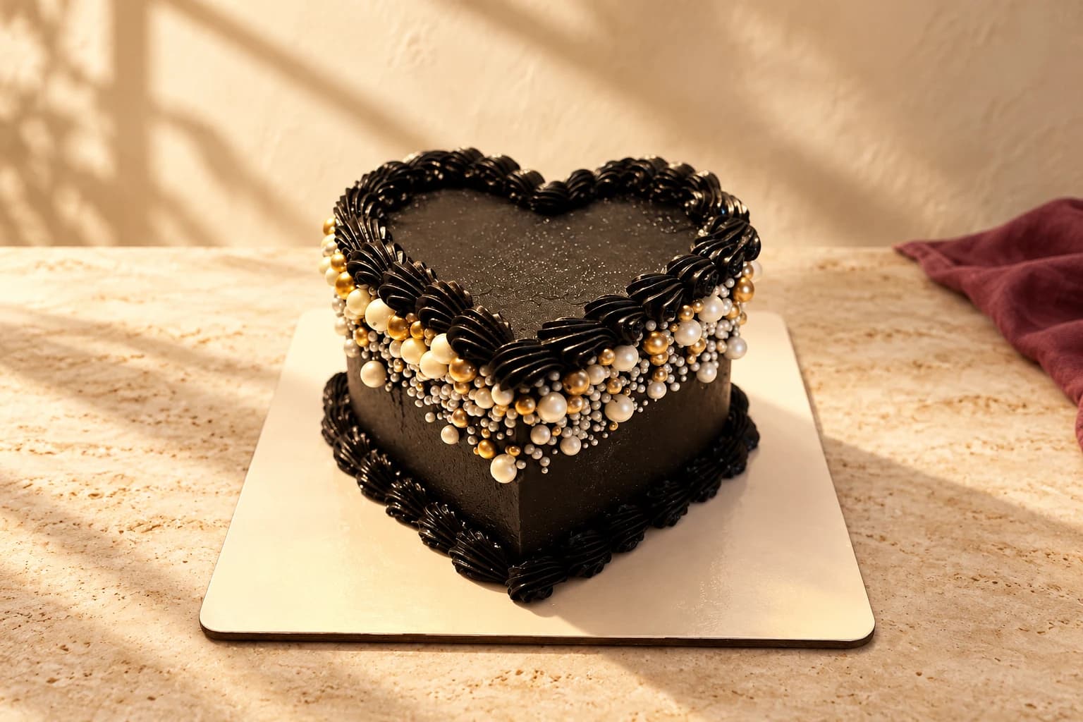 Black heart-shaped birthday cake with ornate piping and pearl decorations