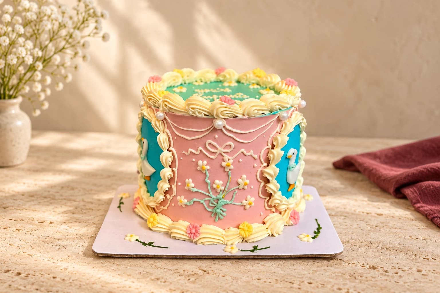 Pastel pink and turquoise cake with ivory piping, daisies and swan decorations