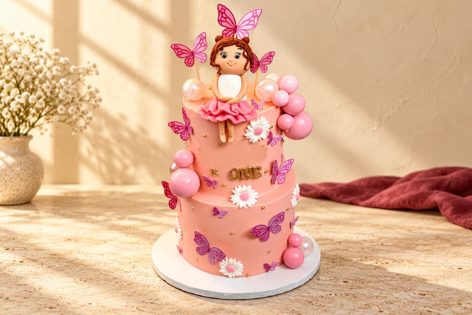 Tall pink birthday cake with a fondant girl, butterflies and pearl spheres