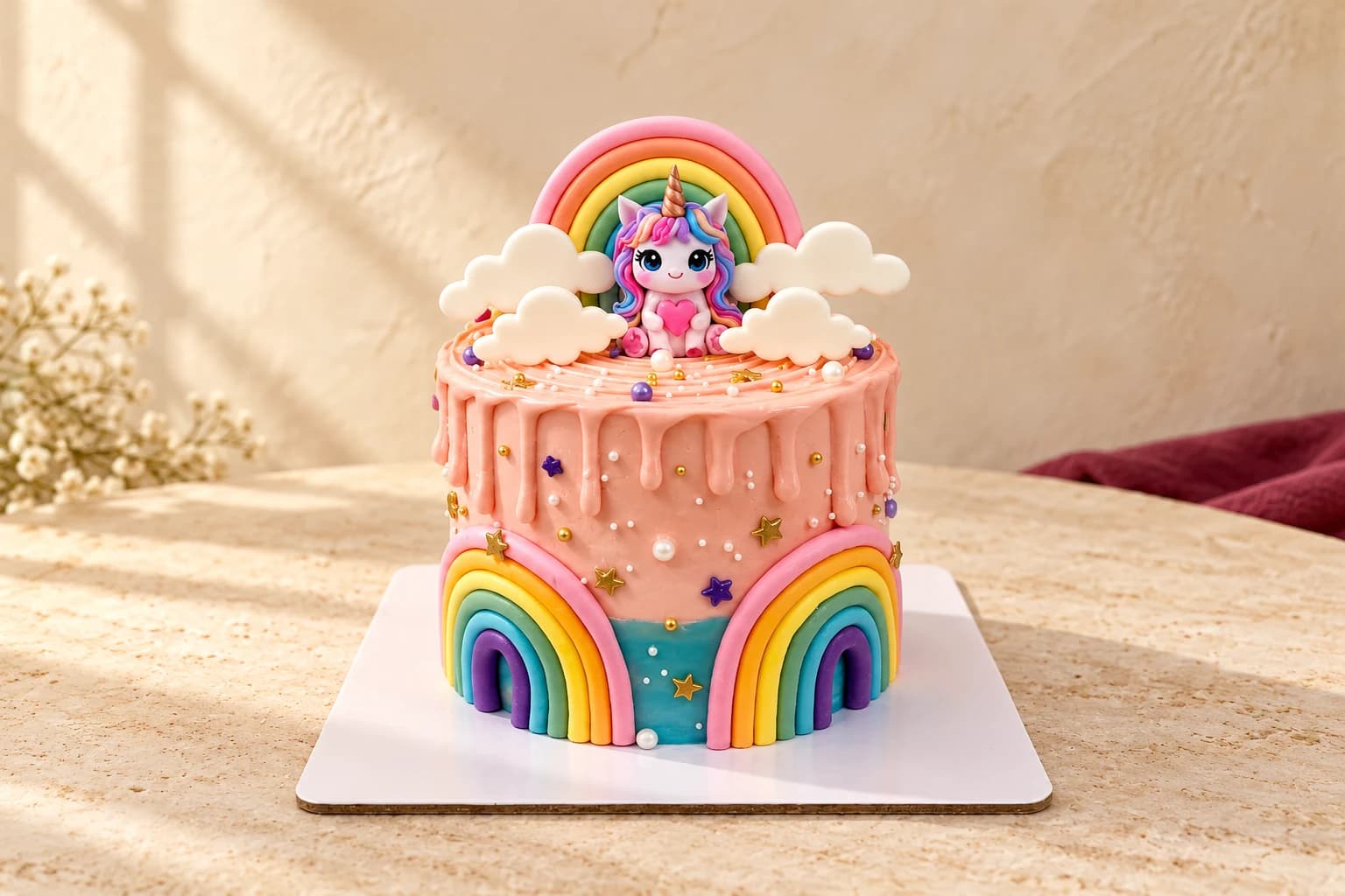Pink and blue unicorn birthday cake with rainbow and cloud decorations