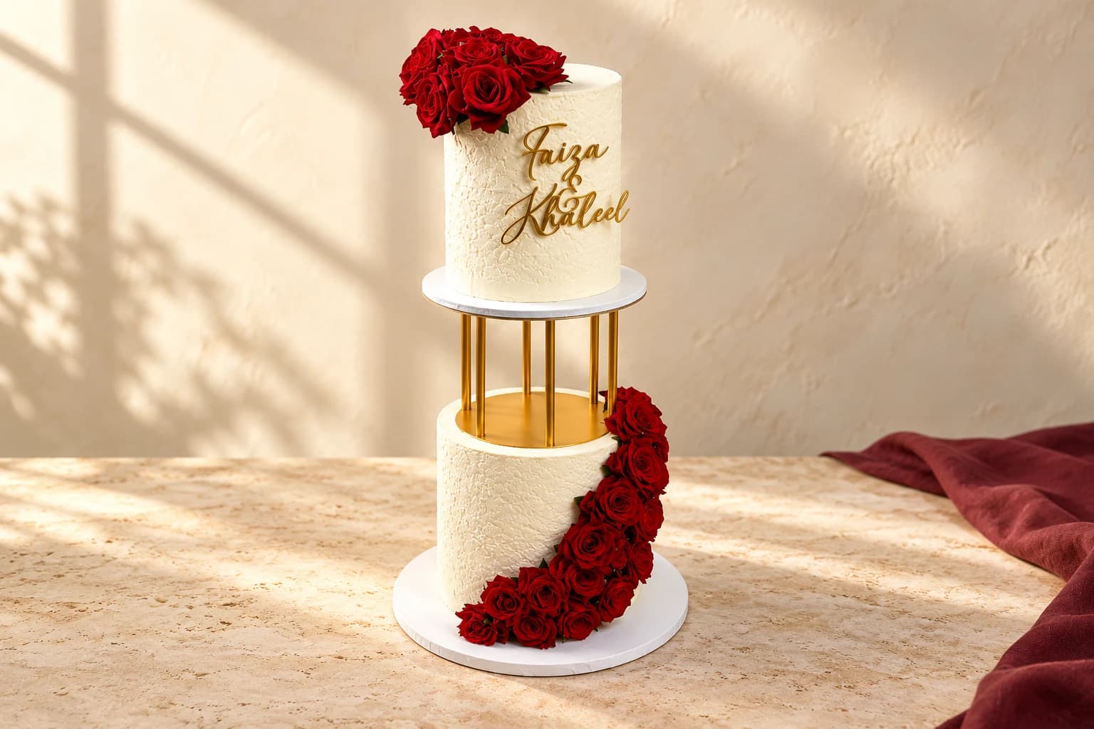 Two-tier ivory wedding cake with red roses and a gold spacer stand