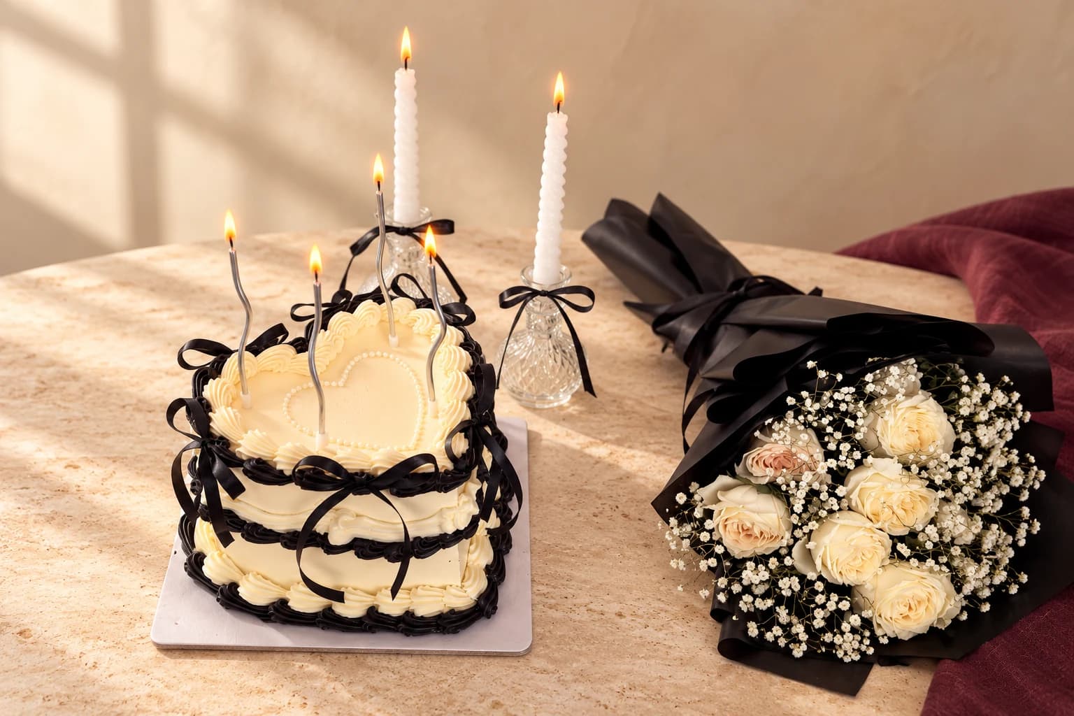Ivory vintage birthday cake with black ribbon bows and lit candles