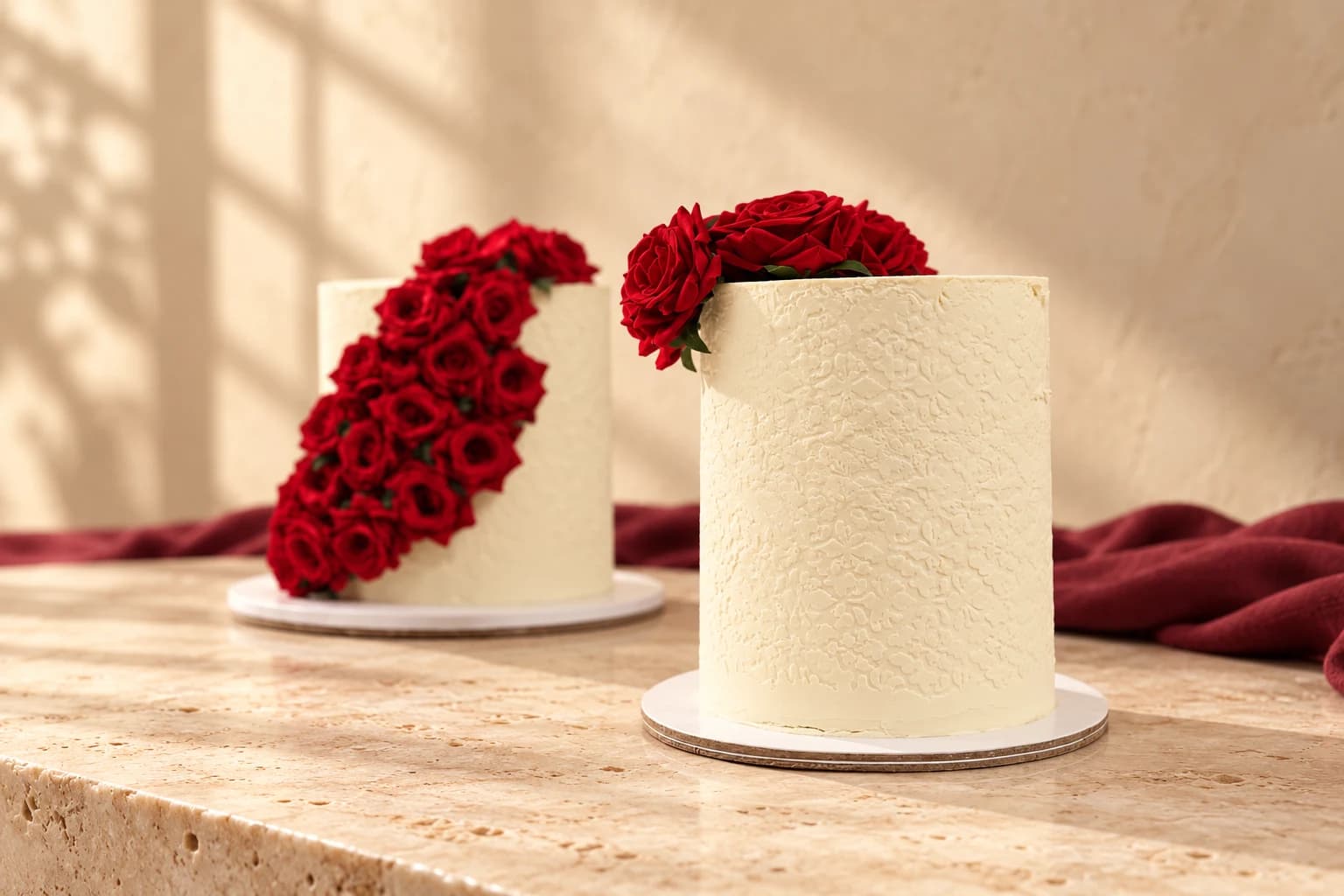 Close-up of textured ivory wedding cakes decorated with red roses