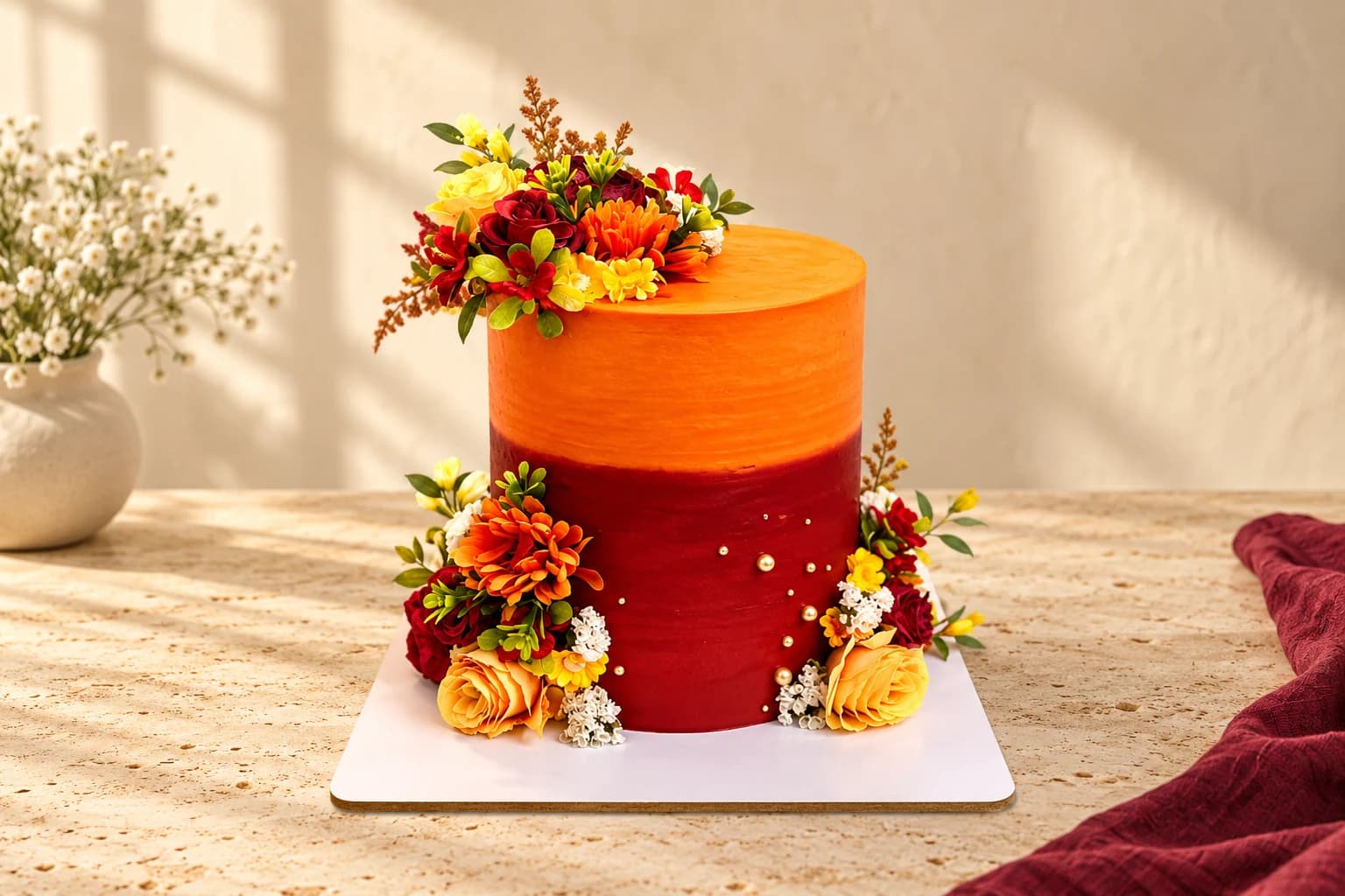 Orange and burgundy floral celebration cake with red and yellow roses