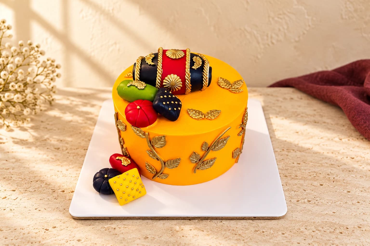 Yellow orange mehndi cake with gold leaves, colourful cushions and a miniature dhol
