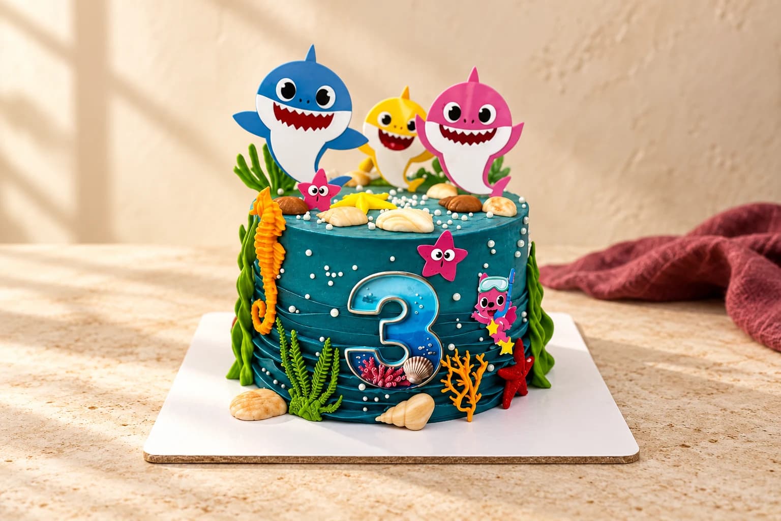 Blue ocean birthday cake with smiling shark toppers, shells, coral and number three