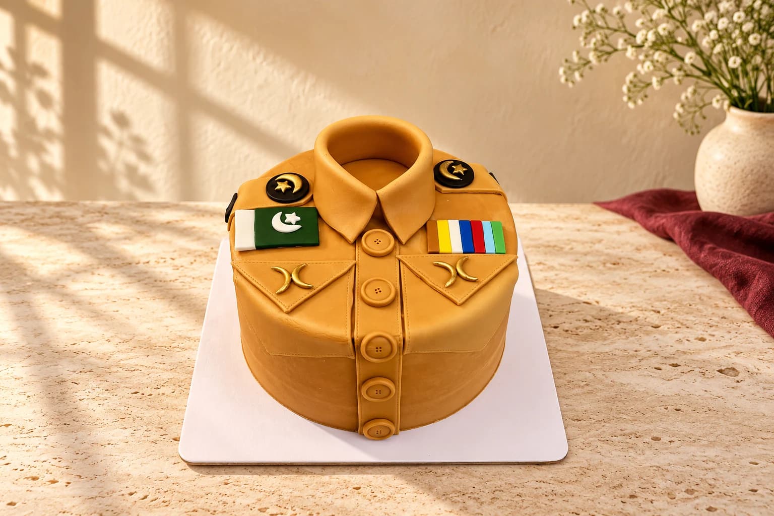 Tan uniform shirt cake with fondant collar, buttons, Pakistan flag and medal details