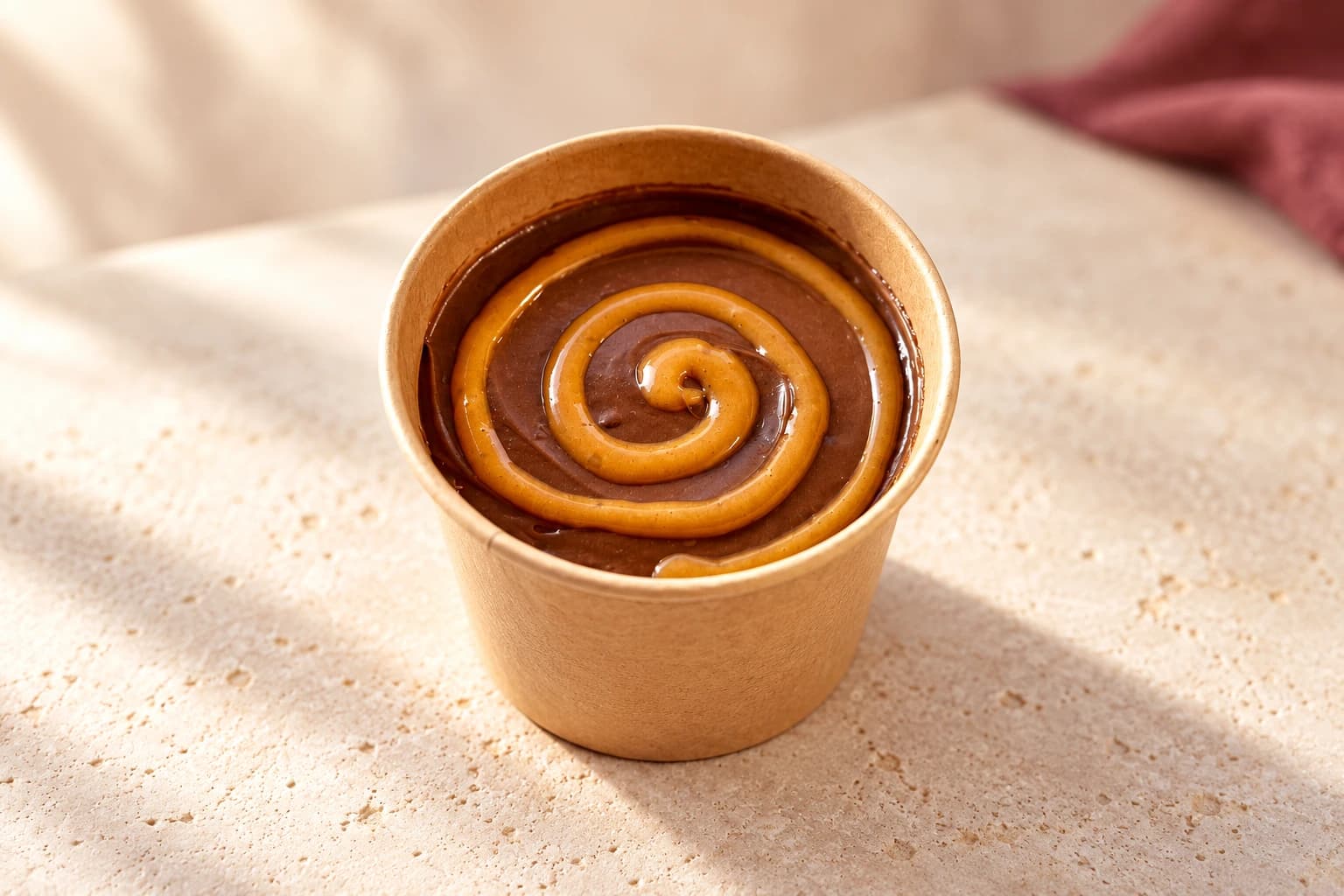 Viral London Cake in a kraft cup with a glossy chocolate and golden spiral topping