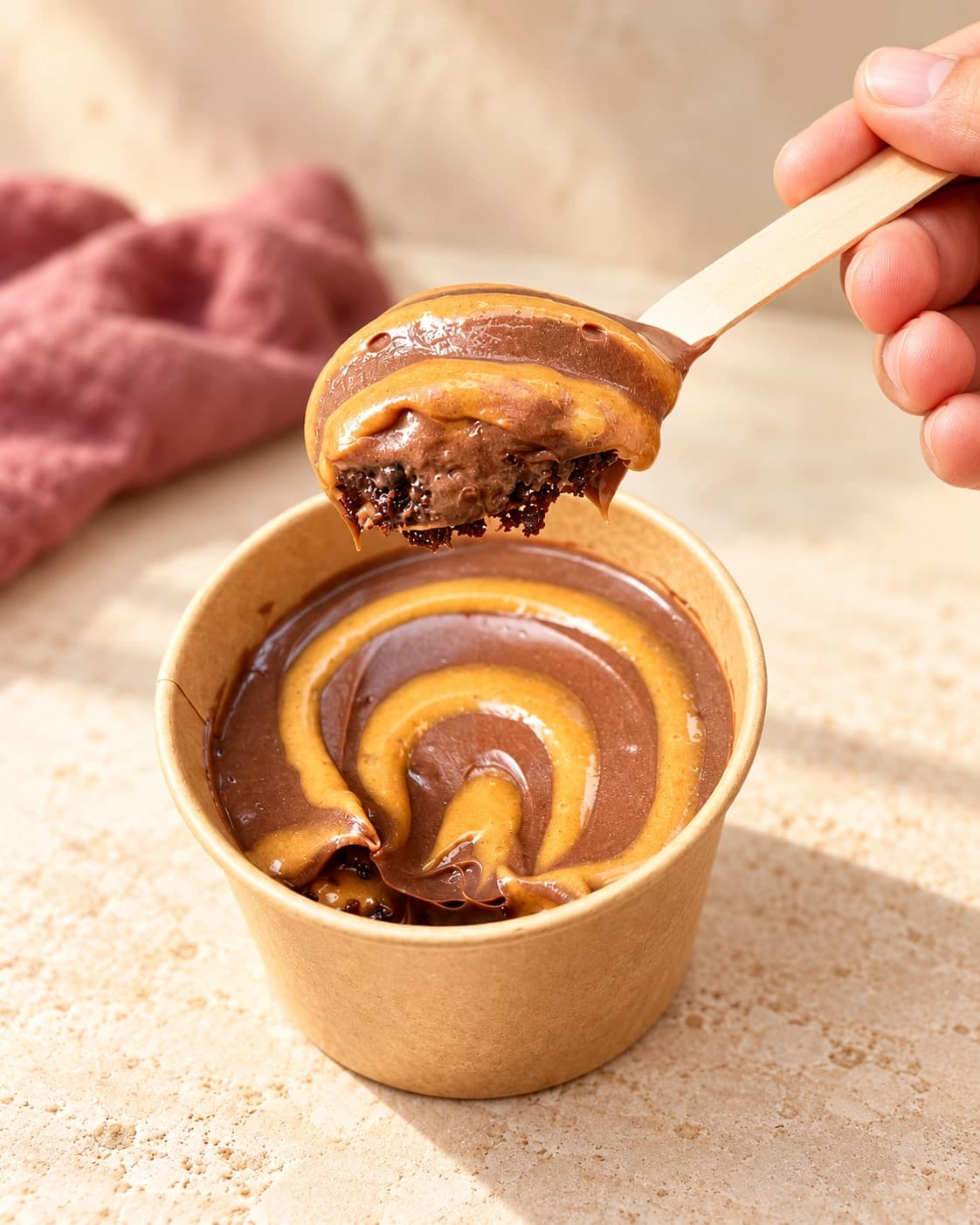 A wooden spoon lifting chocolate cake and cream from a Viral London Cake cup